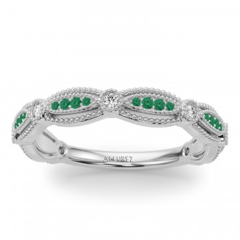Antique Style & Emerald Wedding Band Ring 18K White Gold (0.20ct)
